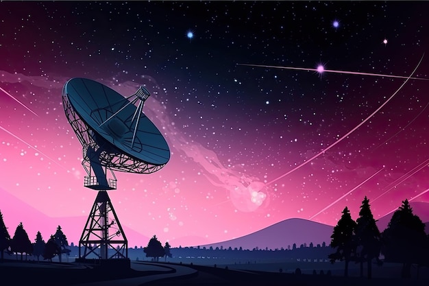 Radio telescope at starry night Antenna for of space signals research Space observatory Created with Generative AI