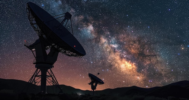 Radio telescopes and the Milky Way at night