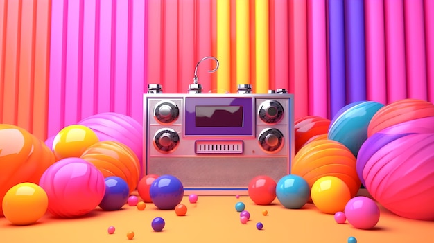 A radio with a colorful background and a colorful ball.