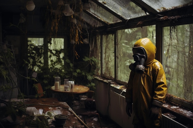 Foto radioactieve vervuiling een kind in een gasmasker
