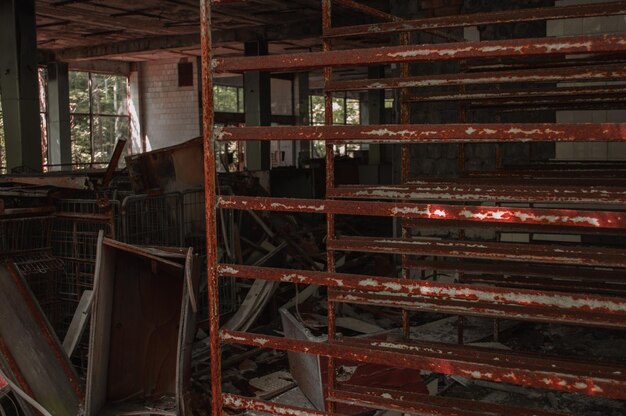 A radioactive abandoned shop overgrown with trees in the city\
of pripyat nature conquers the city chernobyl exclusion zone in\
ukraine