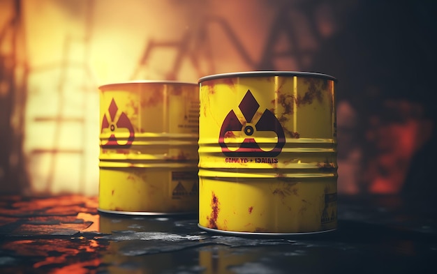 Photo radioactive storage tanks with a warning for chemical