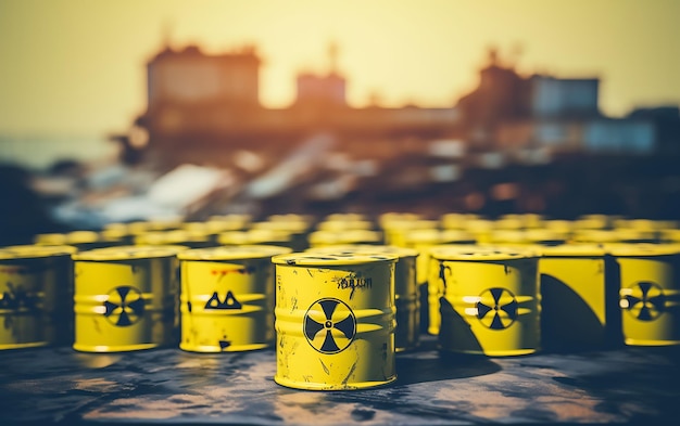 Photo radioactive storage tanks with a warning for chemical