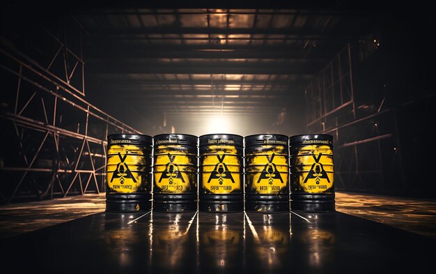 Photo radioactive storage tanks with a warning for chemical