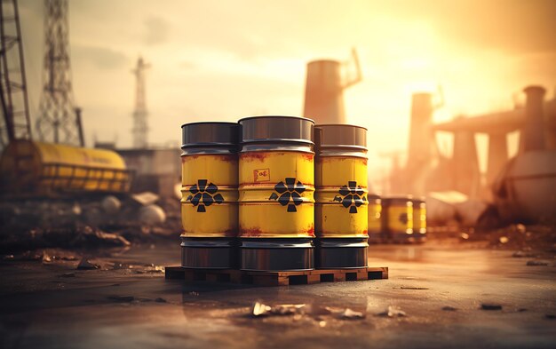 Photo radioactive storage tanks with a warning for chemical