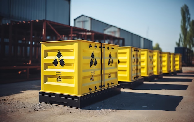 Photo radioactive storage tanks with a warning for chemical