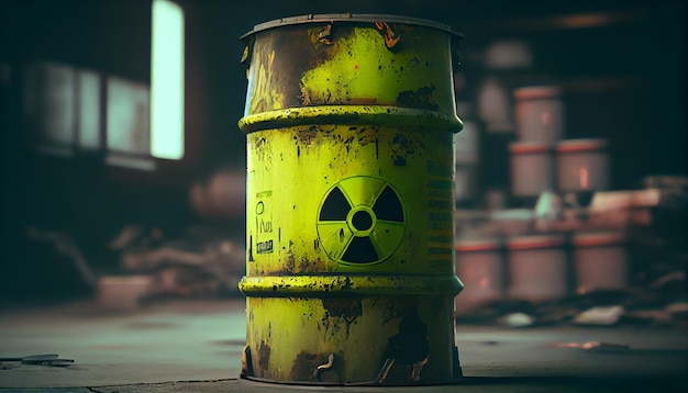 Photo radioactive waste barrel in a chemical plant environmental pollution conceptgenerative ai
