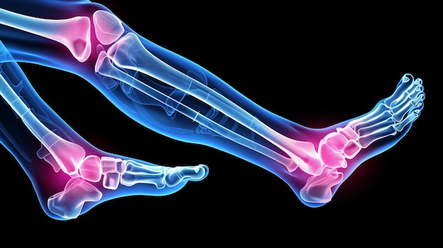 Photo radiographic view of human foot bones highlighting possible fractures