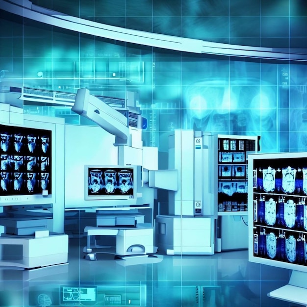 Radiologie laboratorium Creëer een achtergrond die lijkt op een radiologie laboratorium met röntgenapparaten en monitoren