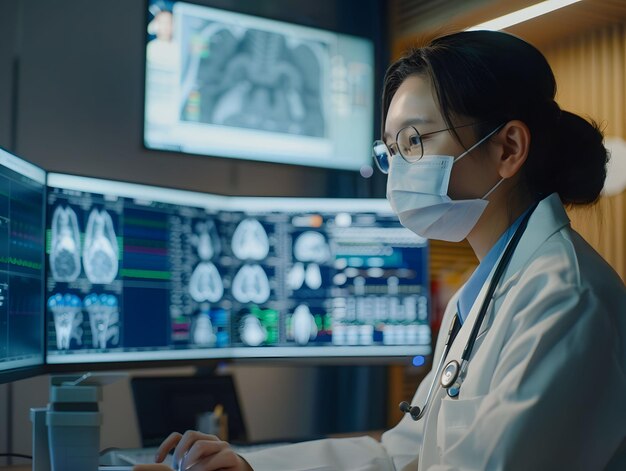 Radiologist Analyzing Medical Imaging on Monitors