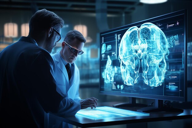 Radiologist examining a CT scan on a lightbox with detailed annotations and notes computer screens