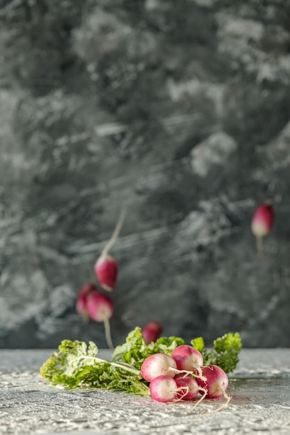 radish in flight on a gray background food levitation creative photo of a red radish