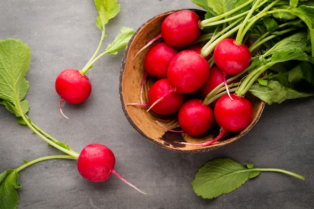 Radish fresh, on the gray background.