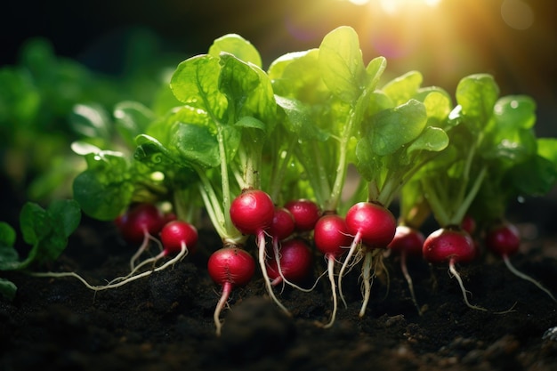 radish grow in the vegetable garden in sunny day Harvest farming concept