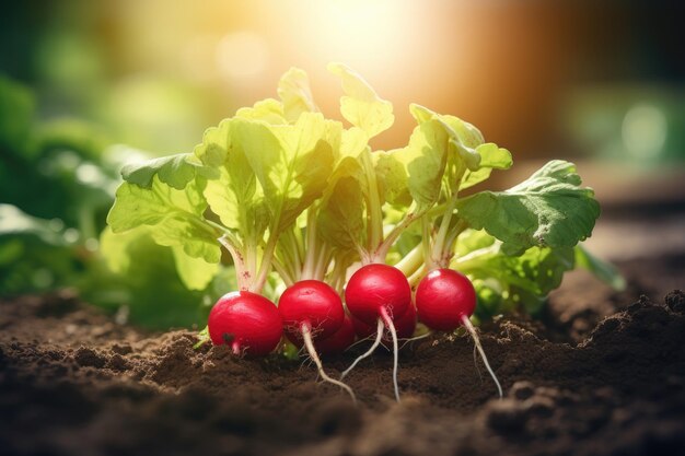 Photo radish grow in the vegetable garden in sunny day harvest farming concept