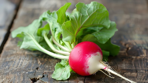 a radish laying on a wooden table with a green leaf