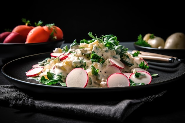 Radish salad with creamy tangy dressing on black plate