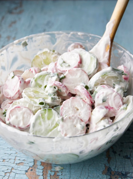 Radish salad with cucumbers and green onions