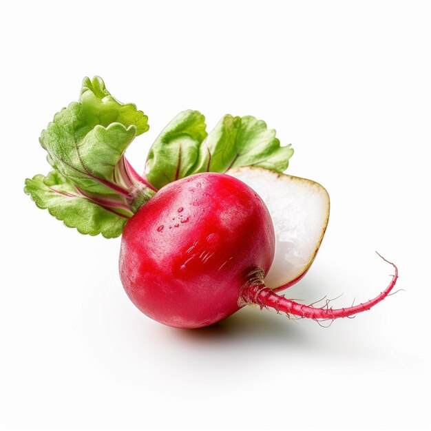 a radish with a red top and green leaves on the top.