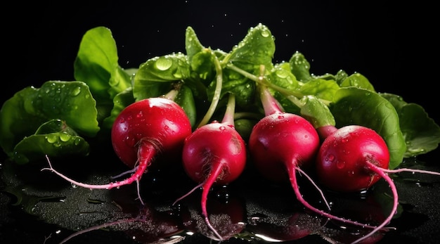 Photo radishes on a black background with water drops