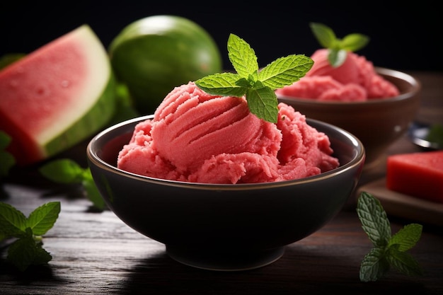 Photo rafibd2024 watermelon sorbet in a bowl with mint leaves watermelon picture photography