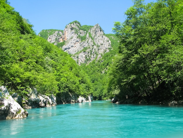 Rafting boat on the fast mountain river