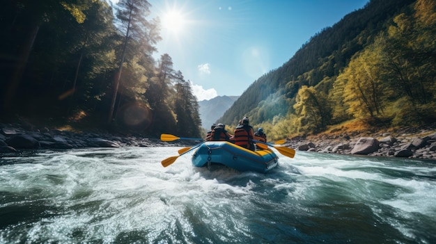 Rafting on large boat on mountain river team cohesion team building