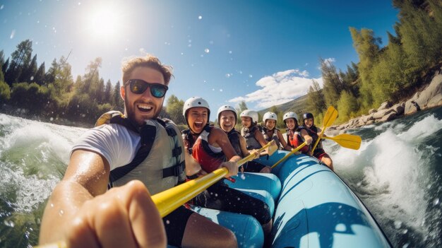 Foto rafting su una grande barca su un fiume di montagna