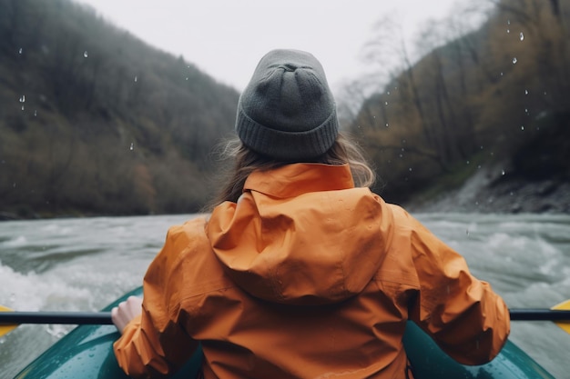 Фото Сплав по реке, каякинг, активный отдых, водные виды спорта, вид сзади на женщину в куртке и шляпе в лодке с веслами на воде в осенний дождливый день крупным планом генеративный ии