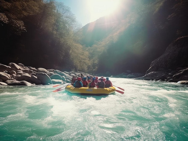 Rafting on the river with the sun shining on the water