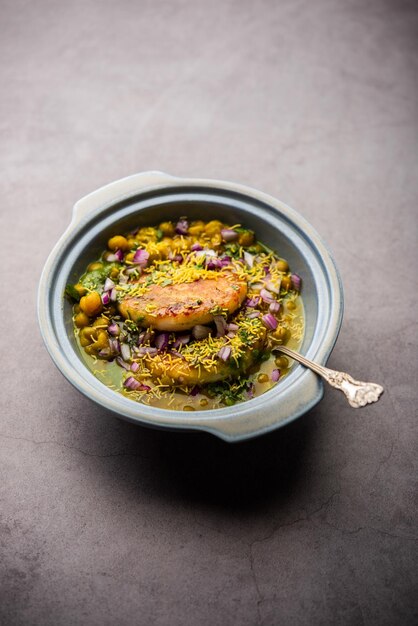 Ragda pattice is a dish of mashed potato patties and pea sauce,\
and is part of the street food culture in the indian state of\
maharashtra