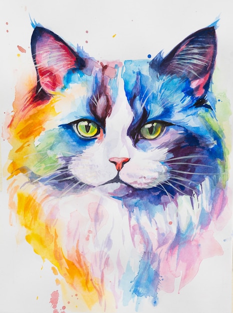 Кот-рэгдолл, нарисованный акварелью на белом фоне в реалистичной манере, красочная радуга. Идеально подходит для учебных материалов, книг и рисунков на тему природы. Иконки всплеска краски для кошек.