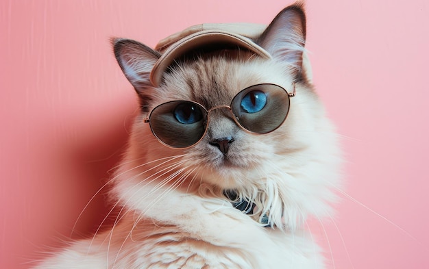 전문적인 배경에 선글라스를 입은 래그돌 고양이