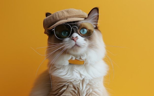 Ragdoll kat met zonnebril op een professionele achtergrond
