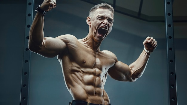 Rage Scream. Energy caucasian strong athlete screaming in the gym during training abs. Fitness, bodybuilding and health care concept