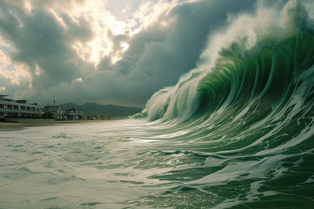 Photo raging waves dramatic tsunami imagery