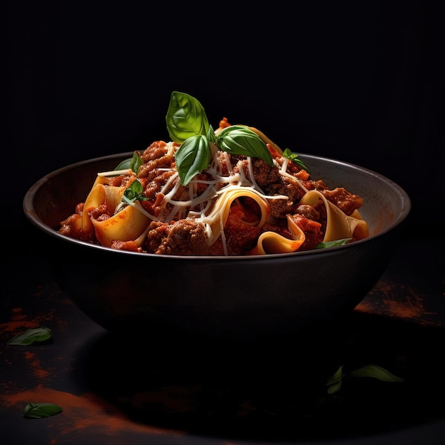 Ragu pasta with meat and basil in a bowl on black