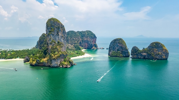 Railay beach in Thailand, Krabi province, aerial view of tropical Railay and Pranang beaches and coastline of Andaman sea from above