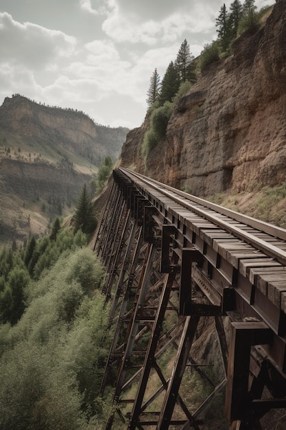 A railroad bridge is going over a cliff.