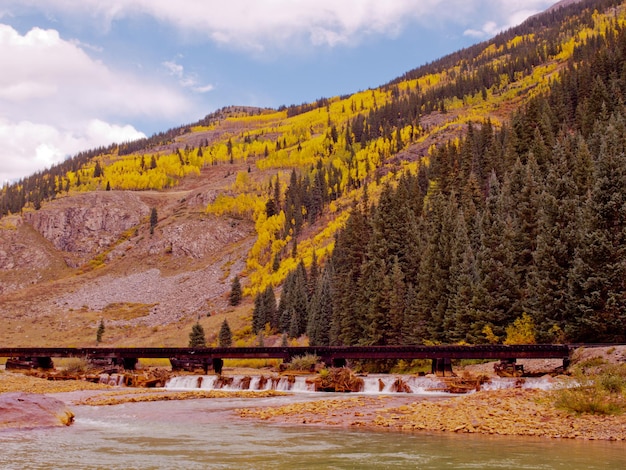 Railroad bridge. This train is in daily operation on the narrow gauge railroad between Durango and Silverton Colorado