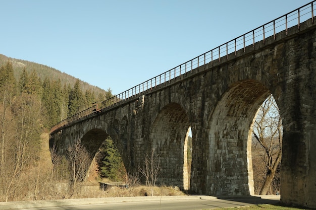 晴れた日のウクライナのカルパティア山脈の鉄道橋