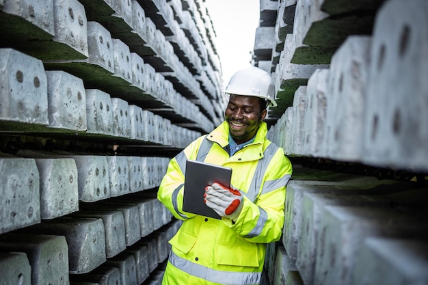 Railroad construction worker holding tablet computer and checking quantity of sleepers