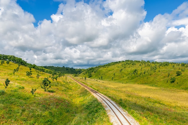 Railroad and countryside scenery with green hills and blue sky