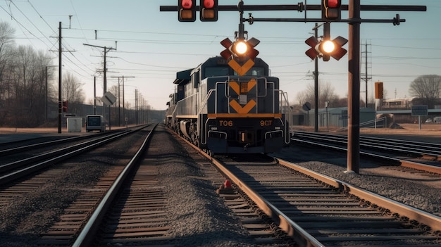 A railroad crossing with warning lights and gates AI generated