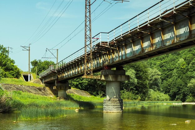 Railroad iron bridge over a small river the railroad goes into a tunnel blue sky and green forest in the background the old railroad infrastructure