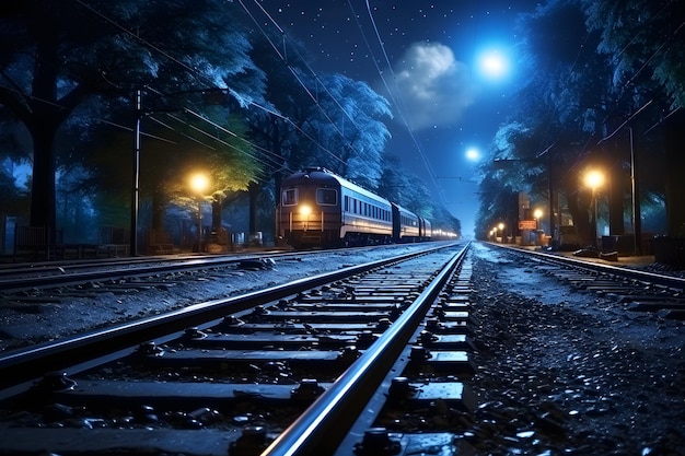 railroad in the night sky with stars and moon 3d rendering