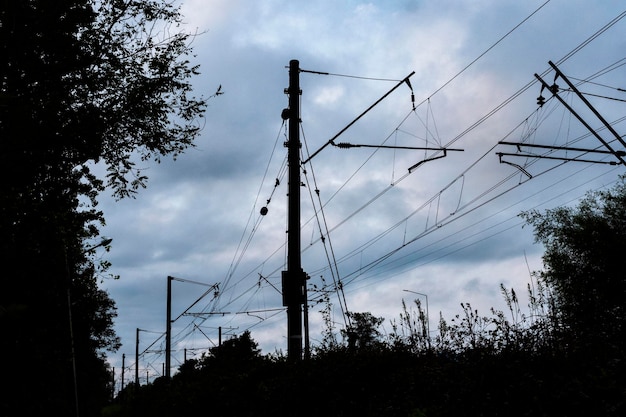 青い空を背景に鉄道送電線