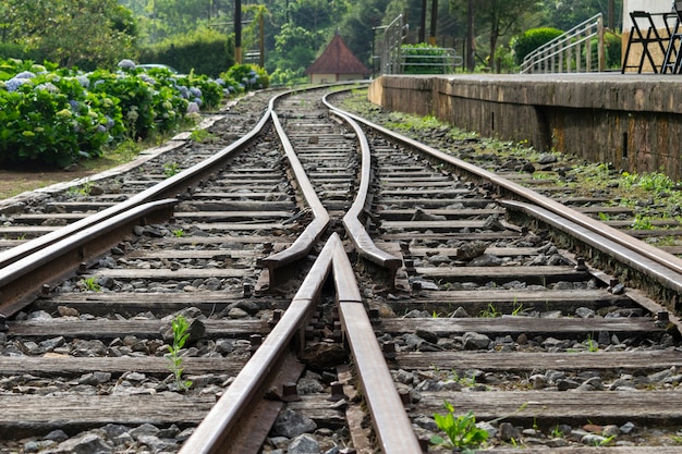 Railroad rail crossing. selective focus