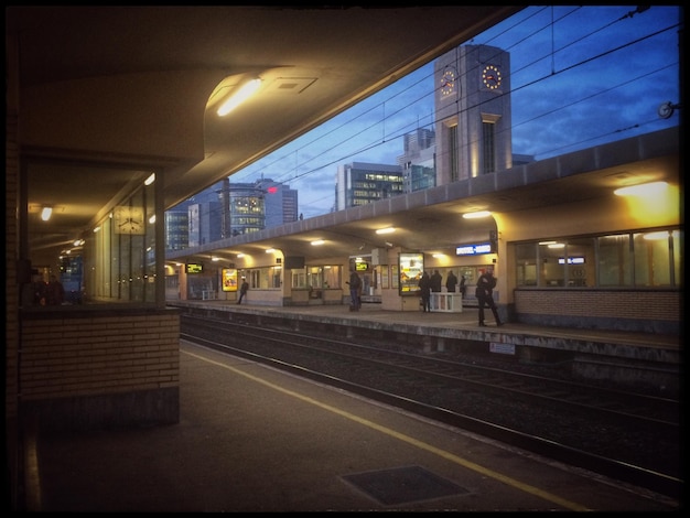 Railroad station platform at night