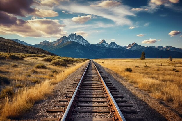 写真 夕暮れの地平線に鉄道 背景には美しい雪の山